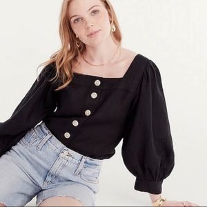 NWT J. CREW Square Neck Button-front Black Linen Top Puff Sleeves Size M